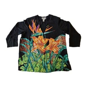 Vtg Diane Gilman Silk Tropical Sequin Island Vacay Tunic Blouse 2XL